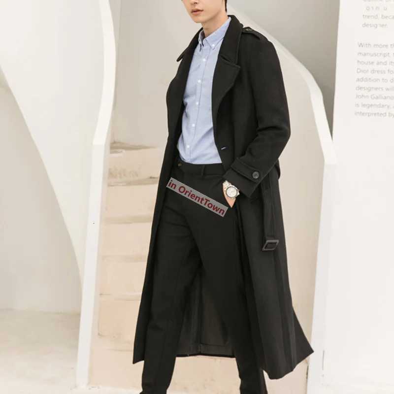 Black Hong Kong Trend Extra Length Overcoat Loose Handsome Over the Knee Trendy Casual Long Jacket Men Woolen Trench Coat in001 XJ250809