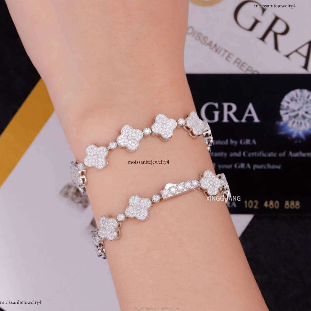 Fashion Style Moissanite 9mm Wide Hip Hop Women Fine Jewelry S Sier VVS Dia Clover Bracelet