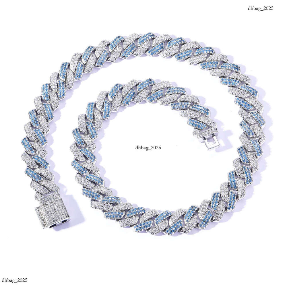 14mm Bar-Shaped Dia Dense with Blue and White Moissanite chain for Men Hip-Hop Cuban Chain Necklace