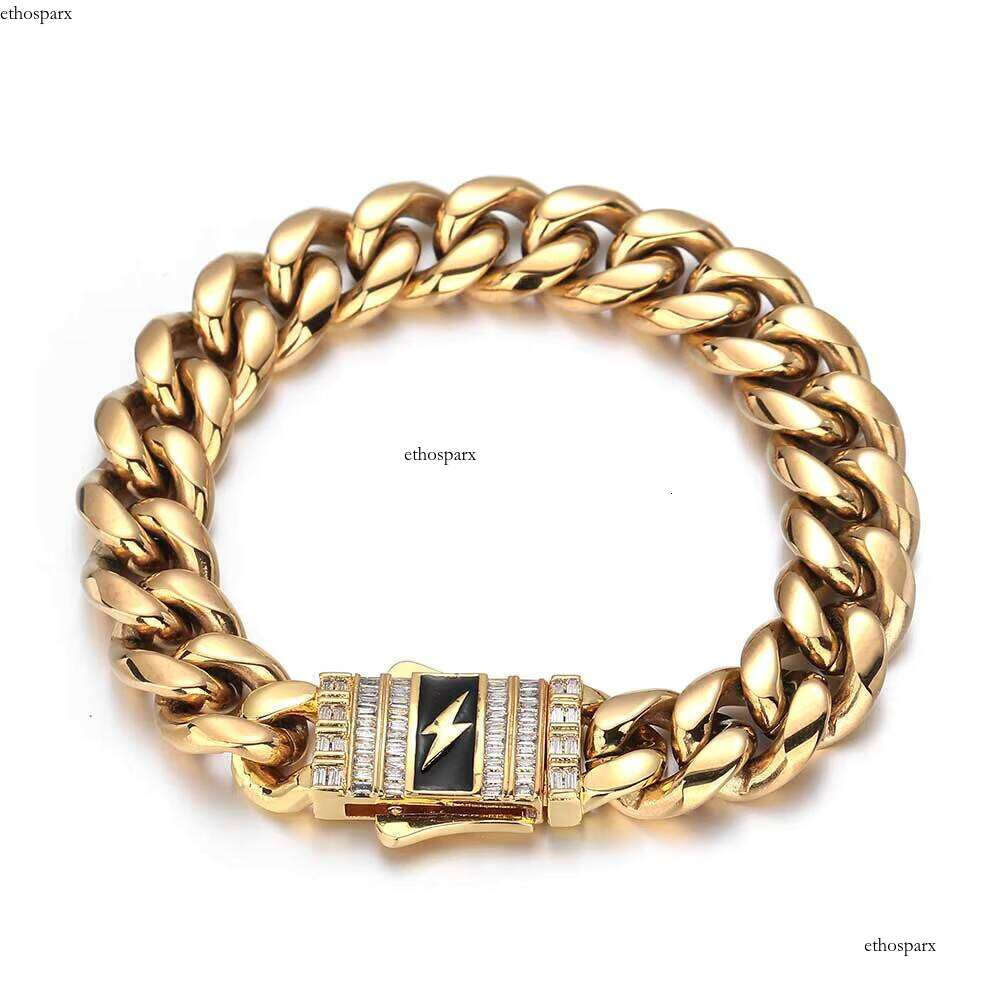 Men's Miami Hip Hop Cuban Bracelet Stainless Steel with Gold Plated Baguette Lighting Clasp Fine Jewelry in Bracelets