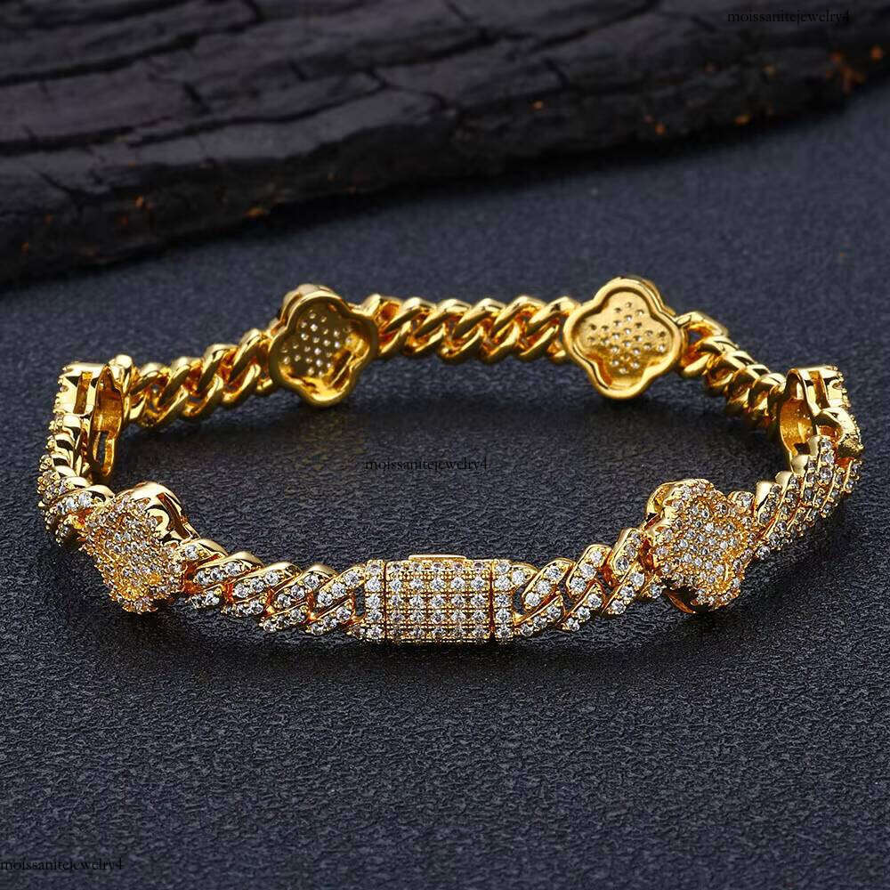 NUOYA Women 6MM Bracelet with Four Leaf Clover White Gold Plated Dia Prong Cuban Link Chain Jewelry