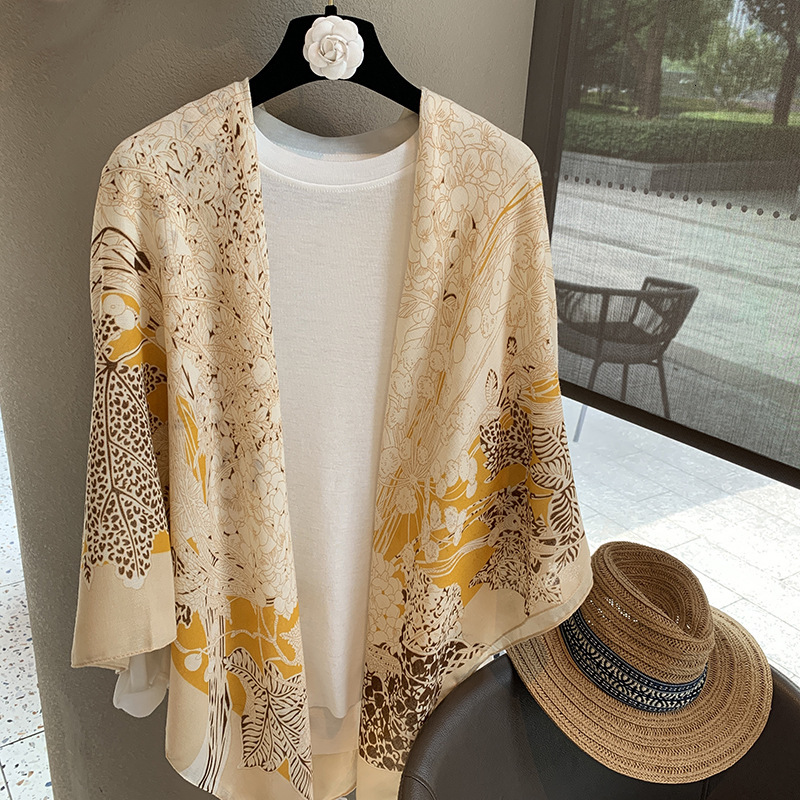 New Designer High end Scarf 2025 Linen Scarf Women's Large Square Scarf Thin Silk Scarf Outdoor Shawl Yellow Flower Big Shawl