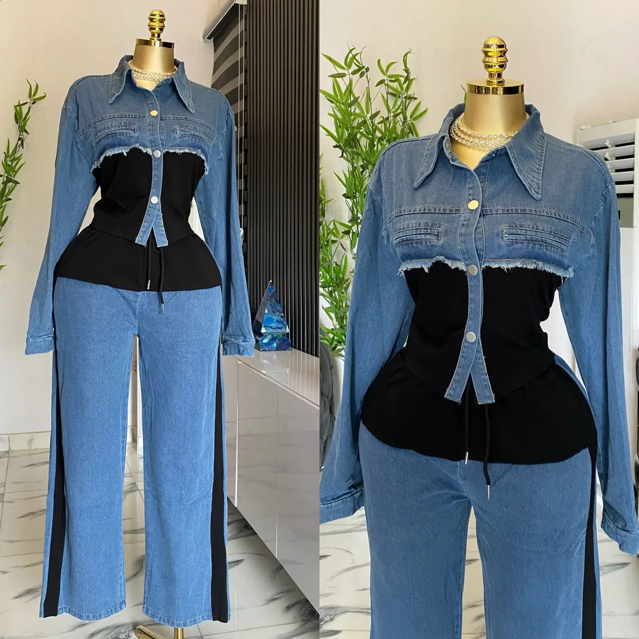 Two Piece Sets Women Pant Set Denim Splice Matching Sets Spring Top Wide Leg Long Pants Casual Loose Lace Up High Waist Jogger 250804