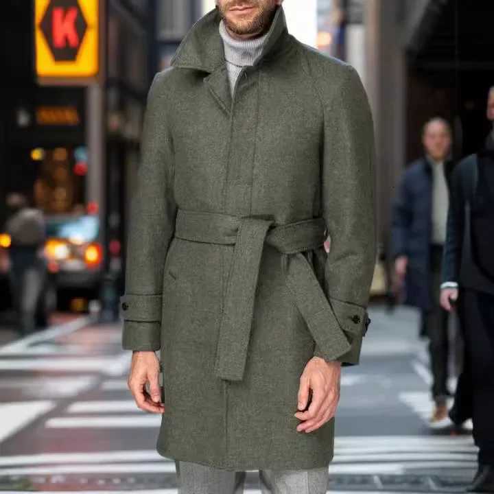 Mens Raglan Sleeve Woolen Coat for Autumn and Winter 2024 Fashionable Lapel Mid-long Style Woolen Belt Casual Jacket S-XXL XJ250809