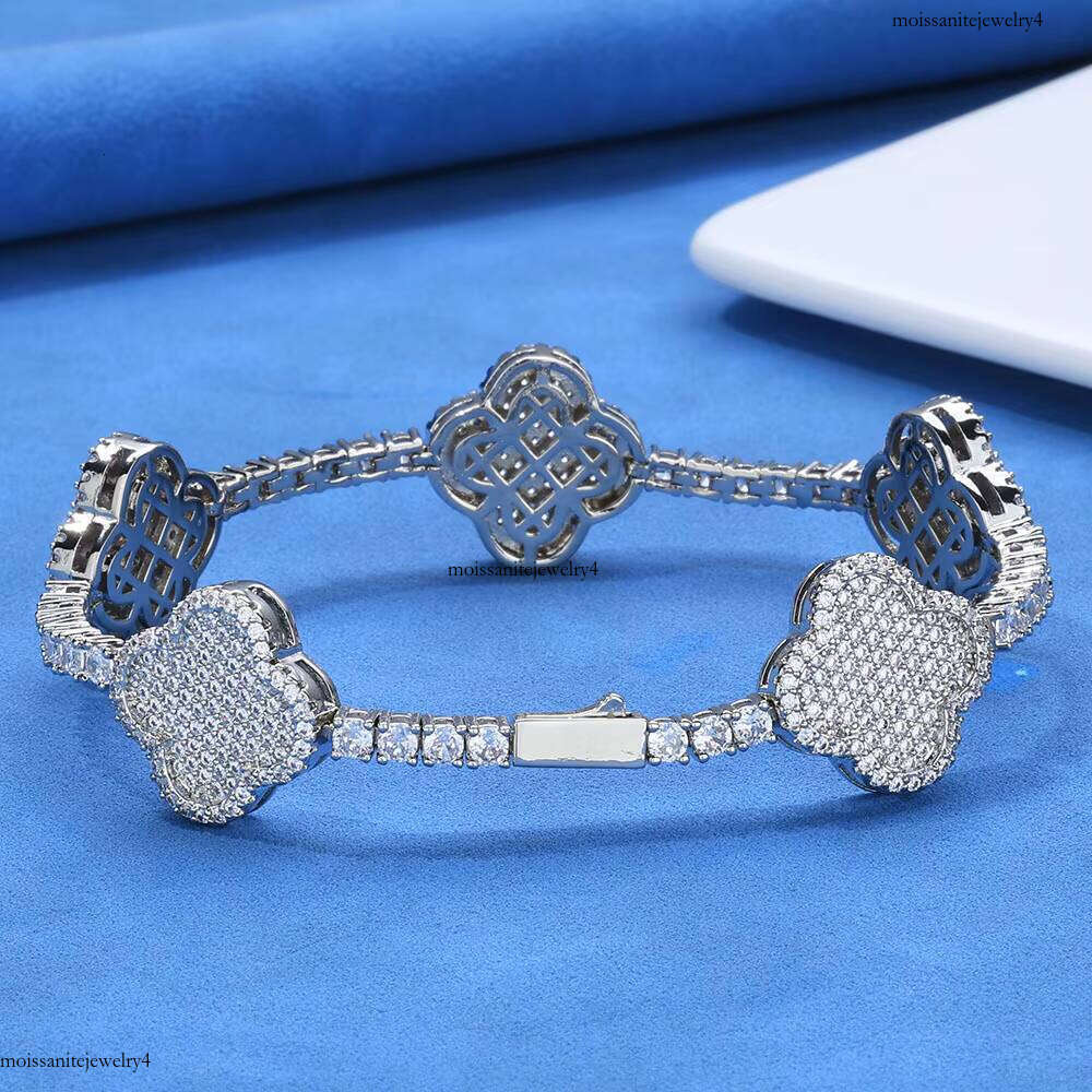 NUOYA Hip Hop Fine Jewelry Sterling Sier Four-Leaf Clover White Gold VVS Moissanite Tennis Chain Bracelet for Women Gift