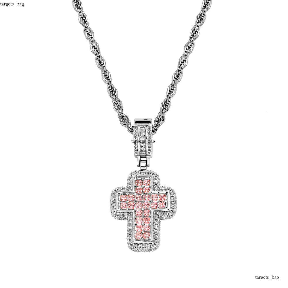 Hip Hop Fashion T Square Moissanite chain Pink Cross Necklace Personality Street Trend Jewelry