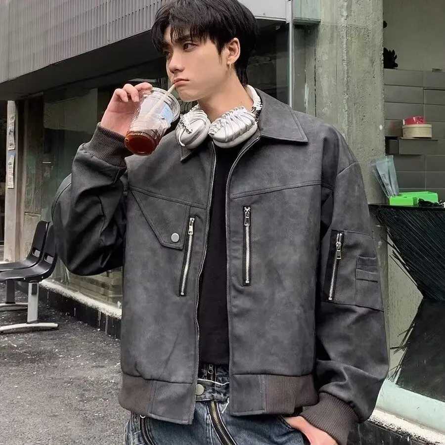 Casual Spring Autumn Jackets Mens Korean Style High-end Short Vintage American Leather Coat Trendy and Cool Motorcycle Jacket W250809