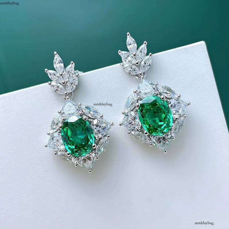 2024 Handmade Sparkling Dangle Earrings Jewelry Sterling Sier Oval Cut Emerald CZ Dia Party Women Wedding Flower Drop Earring Gift