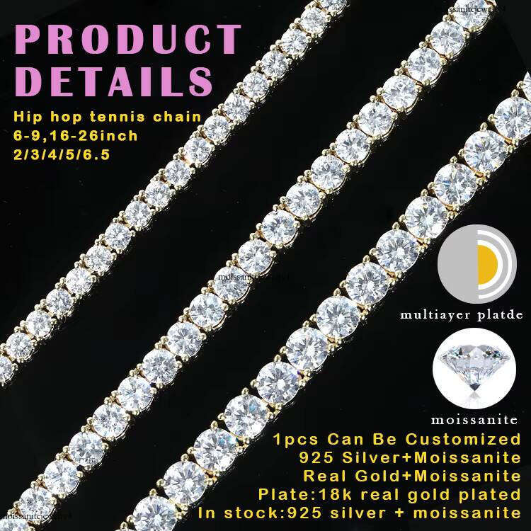Factory Wholesale Sier VVS Moissanite Tennis Chain 2mm 3mm 4mm 5mm 6.5mm Bracelet Necklace Hip Hop Style for Pendant