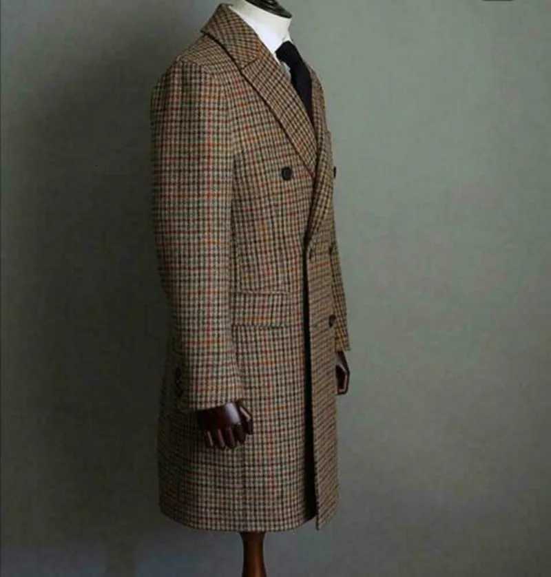 Winter Men Wool Houndstooth Overcoat Double-Breasted Six Button Warm Long Coat Formal Tailored Customized XJ250809
