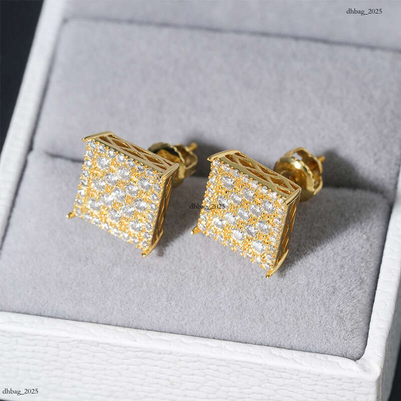 ICED OUT Classic Square Unisex Sier Plated Gold Moissanite Full Dia Earrings