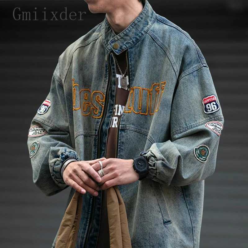 American Retro Denim Jacket Patch Embroidery Motorcycle Distressed Jeans Coat Men High Street Workwear Zipper Stand Collar Top W250809