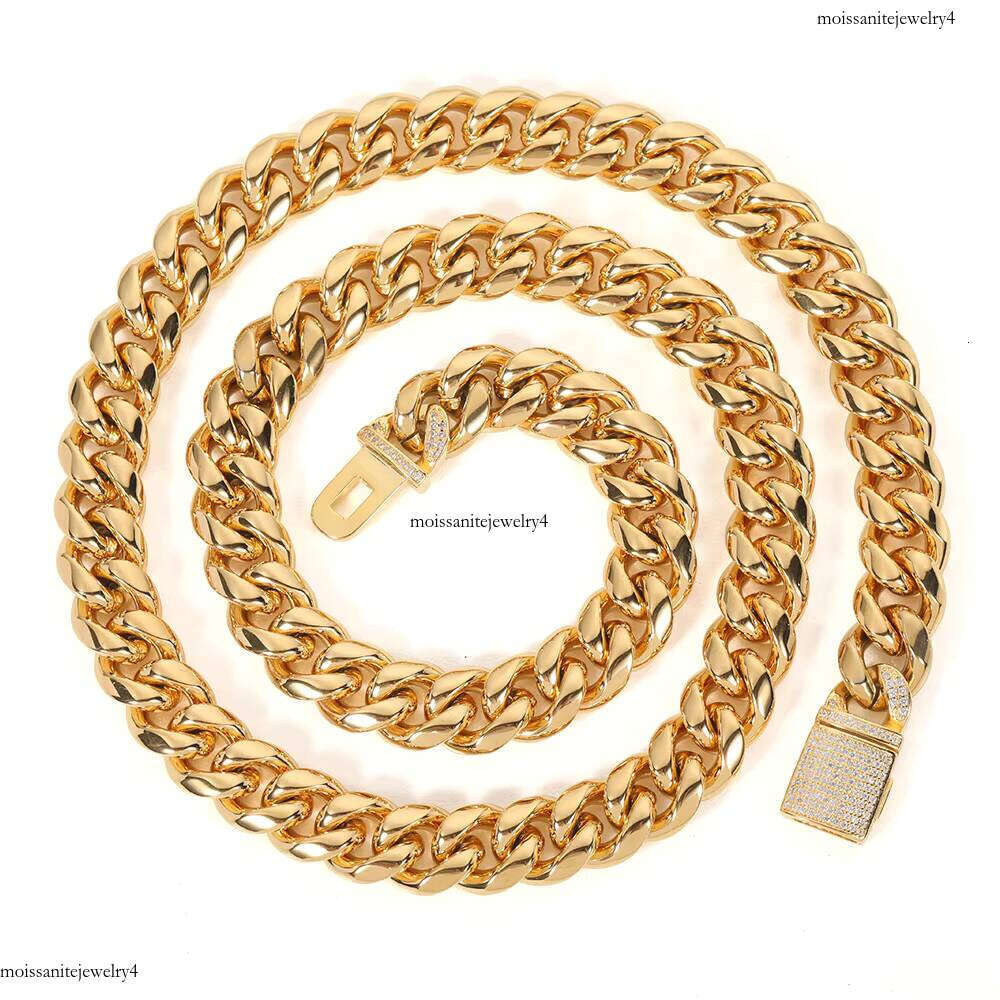 NUOYA Gold Plated Stainless Steel Men's Miami Cuban Chain Necklace 12mm HipHop Full Dia Clasp Fine Jewelry
