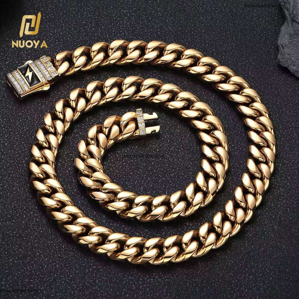 NUOYA Fashion Necklace Gold Plated Link Baguette Dia Clasp Custom Lighing Stainless Steel Cuban Chain