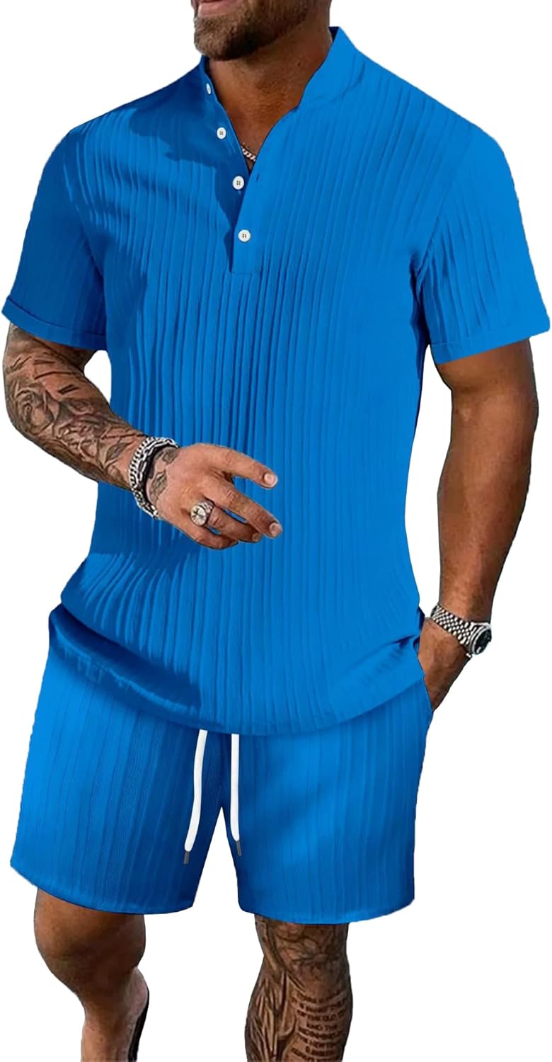 Men's Summer Beach Outfits 2 Piece Vintage Short Sleeve Henley Shirts and Shorts Vacation Texture Sets for Men
