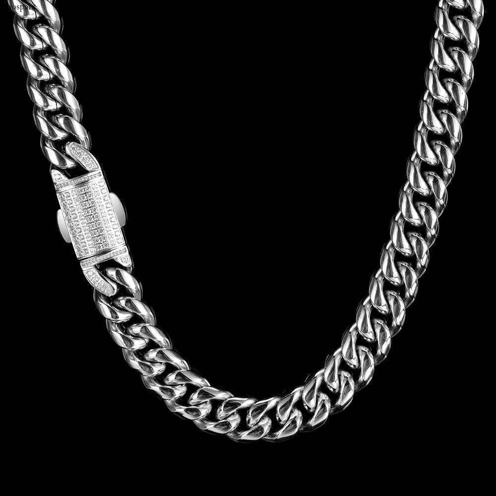NUOYA 12mm HipHop Full Dia Clasp Link Gold Plated Stainless Steel Miami Cuban Chain Necklace Men