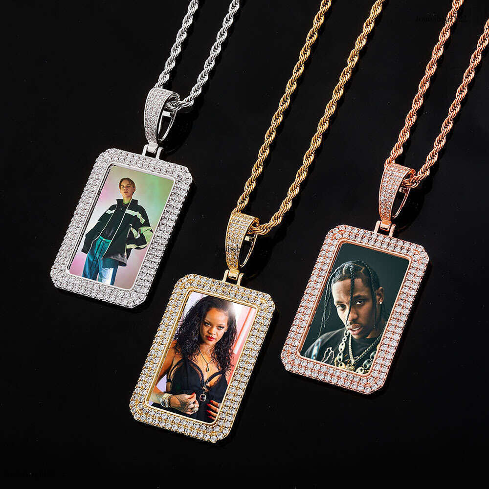 Trendy Double Row Inlaid Moissanite chain Square Frame Pendant Personality Hip-Hop Style Photo Memory Medal Necklace Jewelry