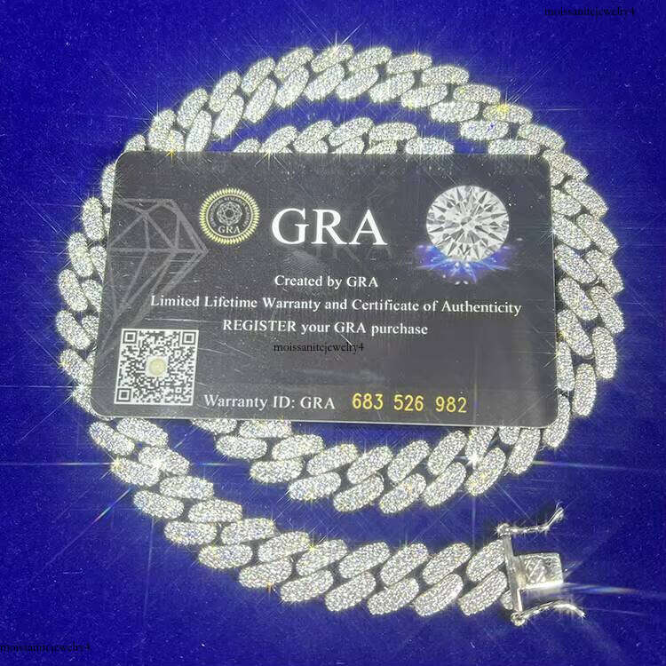 Fine Jewelry 3rows 13mm Solid Sier With D Color GRA Moissanite Mens Cuban Link Chain Rapper Hip Hop Necklace