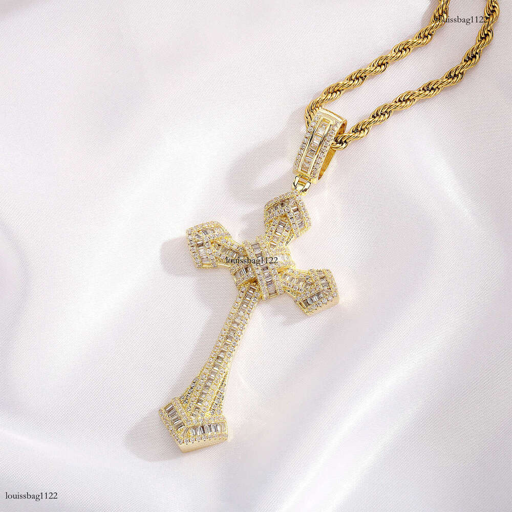 Sterling Silver Inlaid Moissanite chain Full Dia Trapezoid Large and Small Cross Pendant Hip-Hop Trendy Men's Necklace Accessory