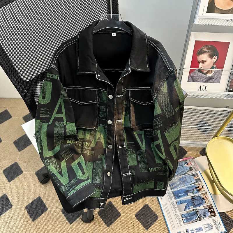 American Retro Full Print Denim Jacket Mens Spring Autumn Trendy Coat High-end Sense Oversized Versatile Casual Workwear Jacket W250809