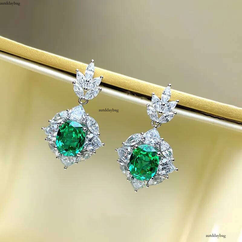2024 Handmade Sparkling Dangle Earrings Jewelry Sterling Sier Oval Cut Emerald CZ Dia Party Women Wedding Flower Drop Earring Gift