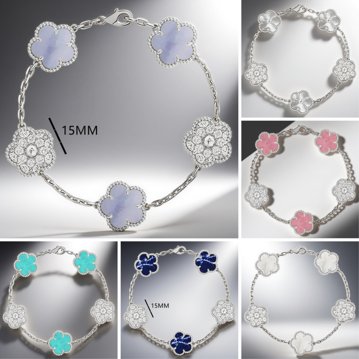 15mm clover bracelet 925 sterling silver jewelry bracelets luxury Bohemian fashion 5 motif flower bracelet luxury bracelet diamond bangle bracelet designer gifts