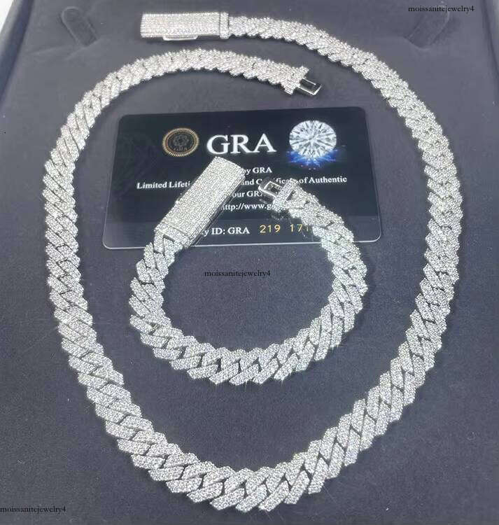 S Solid Sier Jewelry 2rows 10mm 12mm Width GRA Moissanite Dia Cuban Link Chain Hip Hop Necklace