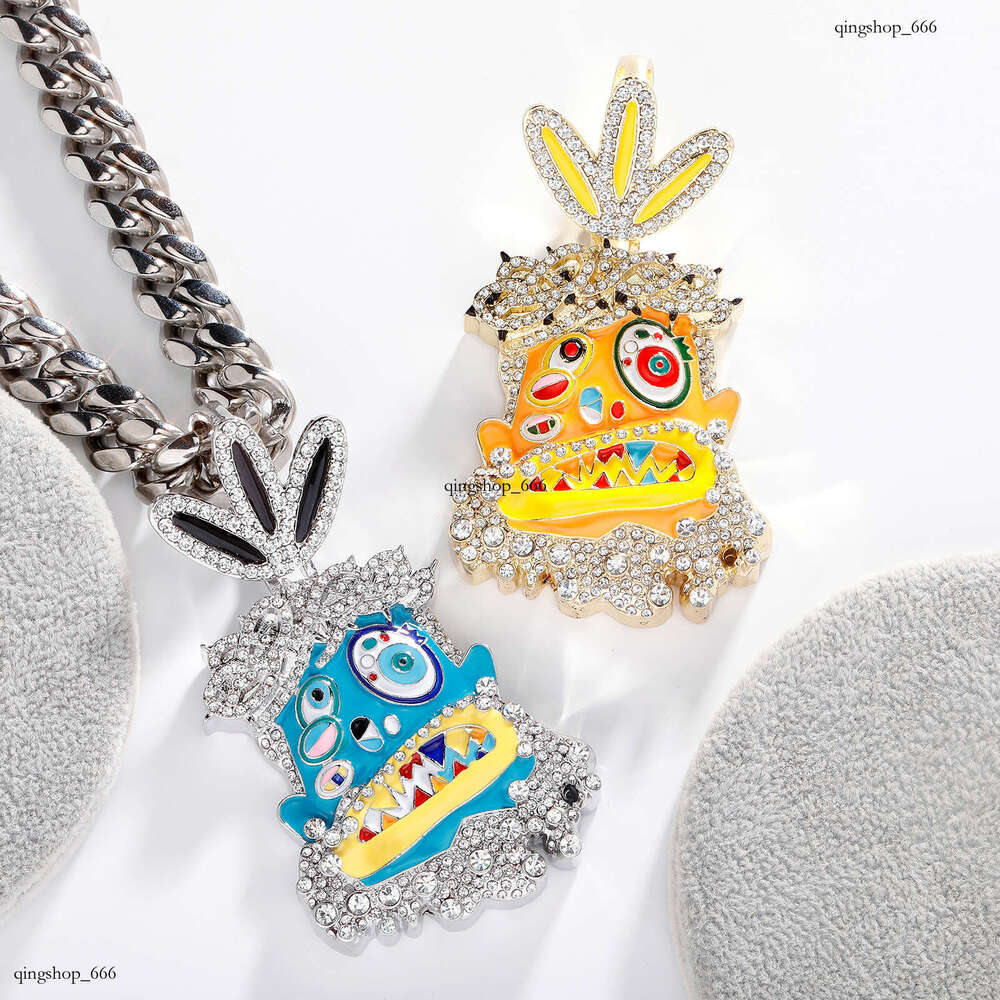 Unique Cartoon Avatar Large Pendant Colorful Enamel Alloy Full Dia Necklace Cool Hip-Hop