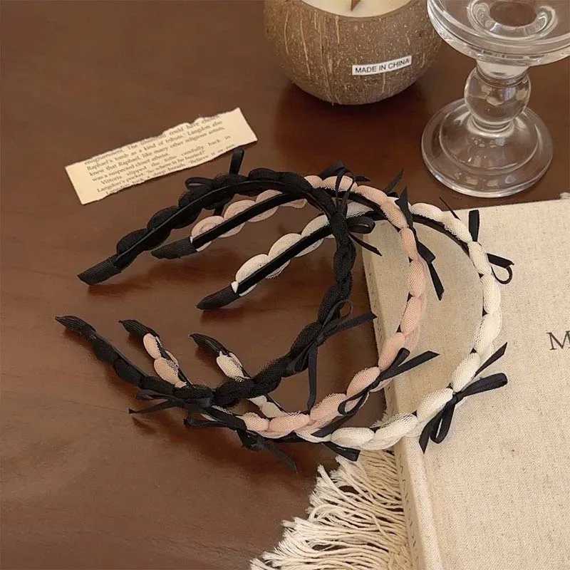 Korean Black Ribbon Bow Bezel Bands for Women Girls Sweet Thin Edge Lace Mesh Hair Bands Haiand Hair Accessories Y250809
