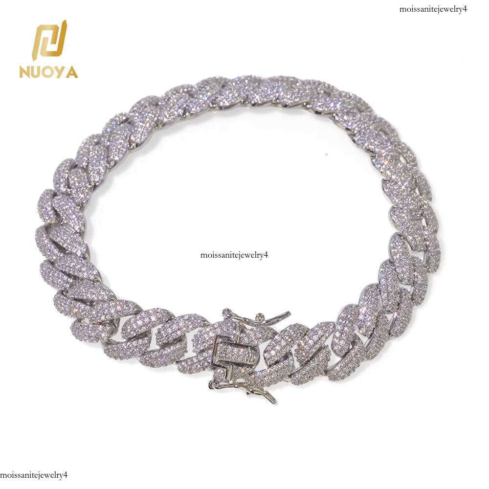 NUOYA New Style 12mm Sier Iced Out Dia Cuban Chain Hip Hop Fine Jewelry Bling Moissanite Bracelet for Women