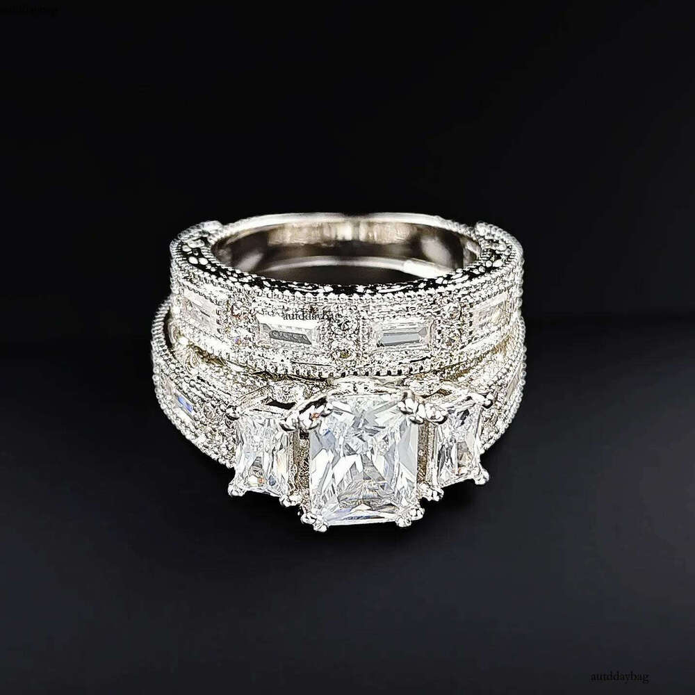 Choucong Unique Handmade Wedding Rings Jewelry Sterling Sier Princess Cut White Topaz CZ Dia Gemstones Party Women Bridal Couple Ring Set Gift