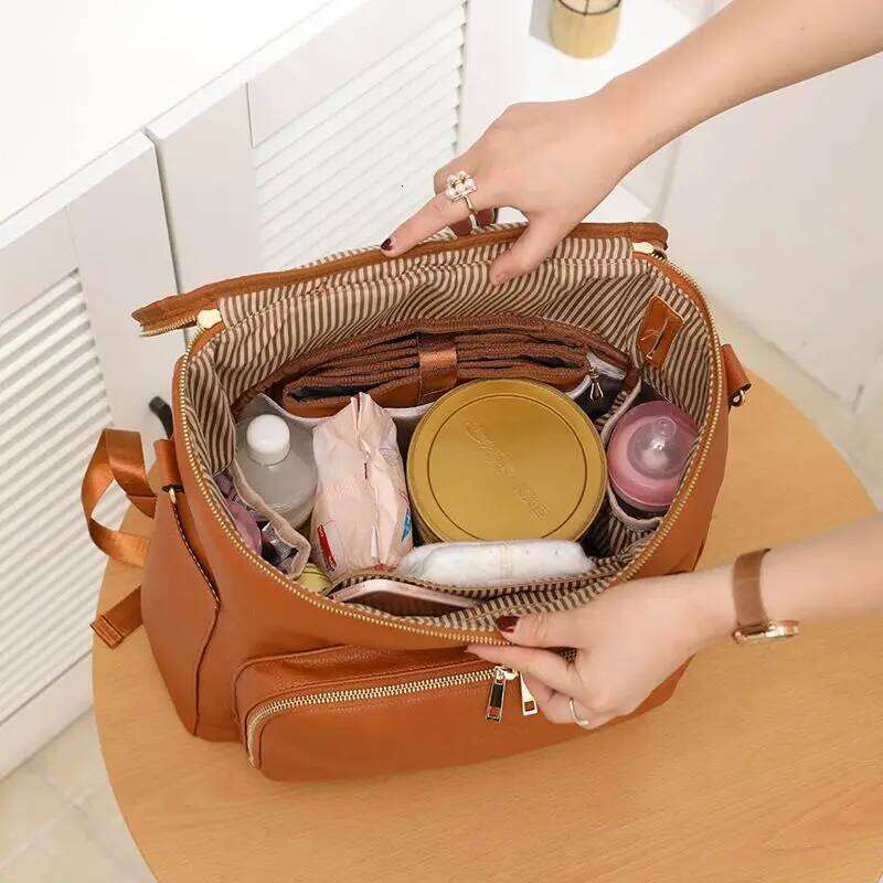 Baby Diaper Backpack Solid PU Leather Mummy Maternity Bag Large Capacity Travel Back Pack Stroller Bags with Changing Pad