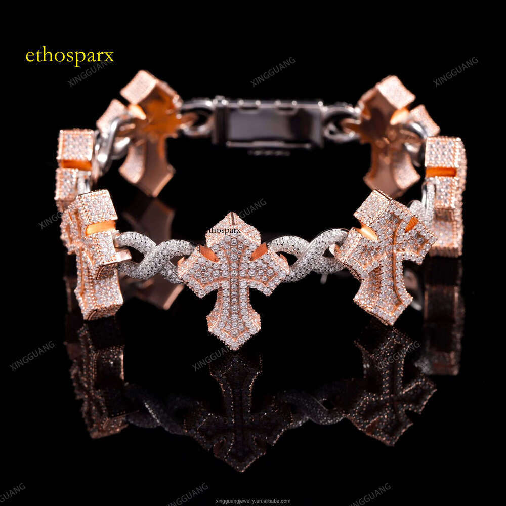 Customized Two Tone Colors Cuban Bracelet S Sier White& Rose Gold Plated VVS Dia Moissanite Hip Hop Cross Bracelets