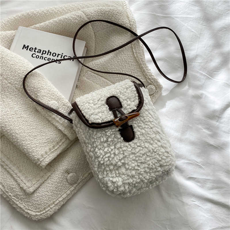 New Fur Bag Mobile Phone Bag Contrast Color Simple Style Single Shoulder Messenger Small Bag Female Autumn and Winter Lamb Cashmere Bag H250808