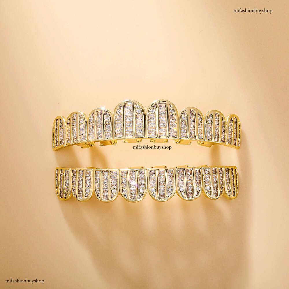 Gold-Plated Square Zircon Full Dia Micro-Inlaid Large Gold Teeth Unisex Hip-Hop Accessories