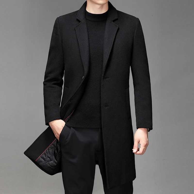 Autumn Winter Mens Wool Coats Mid Long Trench Men Solid Smart Casual Wool Blends Outerwear Turn Down Collar Windbreaker Man XJ250809