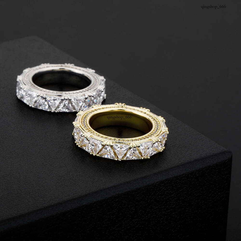 Geometric Patchwork Sterling Silver Full Inlaid Triangle Zircon and Women's Hip-Hop Men's Ring