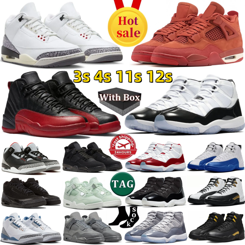 With Box Basketball Shoes 3s 4s 11s 12s Designer shoes black cat Unc Buleburry cherry thunder Cool Wizards Slim Shady Cardinal Court Grey Pine Trainers Sneakers