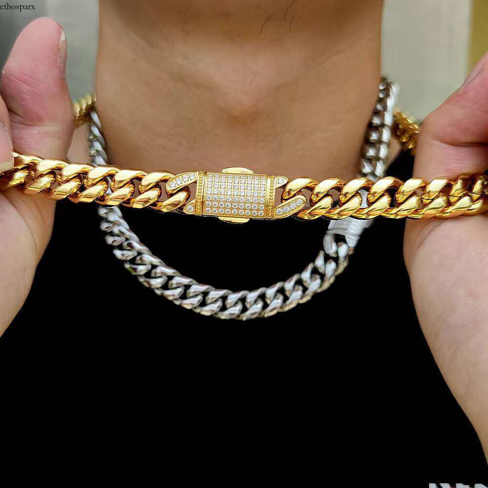 12mm HipHop Stainless Steel Miami Cuban Chain Gold Necklace for Men