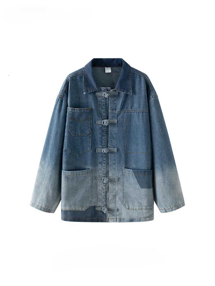 Mens New Chinese Style Gradient Buckle Denim Jacket Trendy Street High-end Handsome Workwear Casual Loose Single-breasted Coats W250809