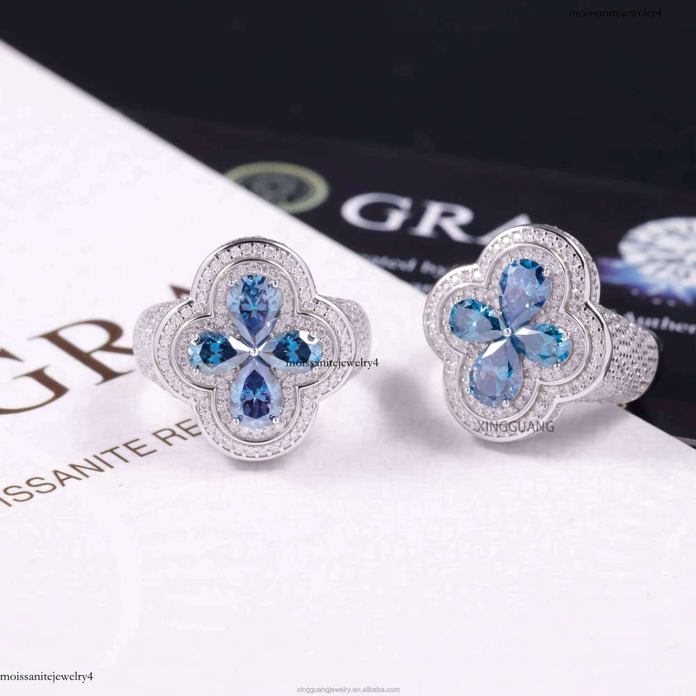 Factory Price Full Iced Out Pear Cut Cross Sterling Sier Gold Plated Hip Hop VVS Blue Moissanite Dia Ring