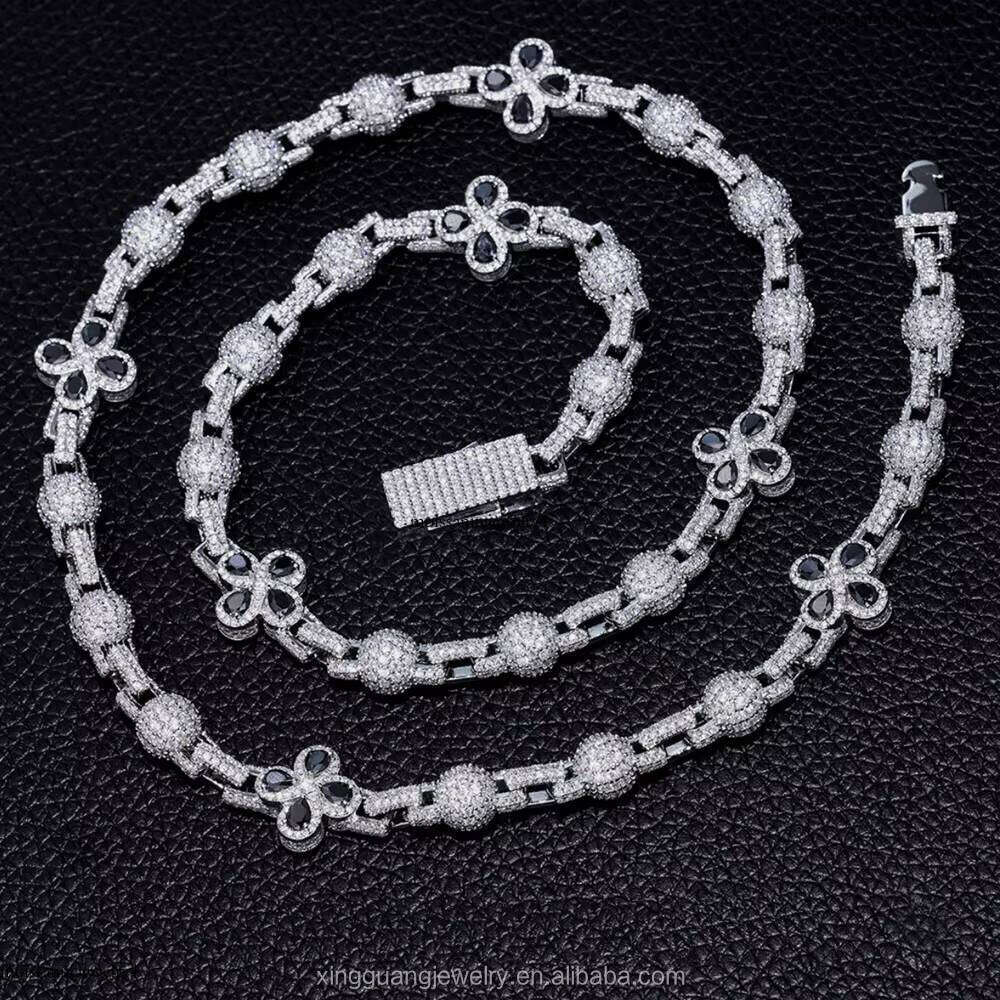 XingGuang Customized Spring Clasp Black Dia Cuban Link Chains Solid Sier Moissanite Clover Shape Ball Chain for Men
