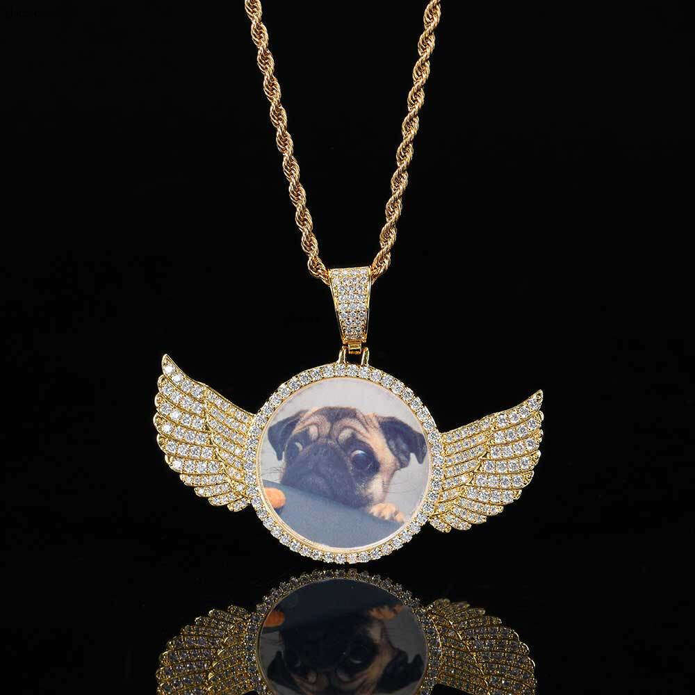 Hip Hop Jewelry Angel Wings Round Pendant Micro Inlaid Moissanite chain DIY Personalized Creative Photo Frame Necklace