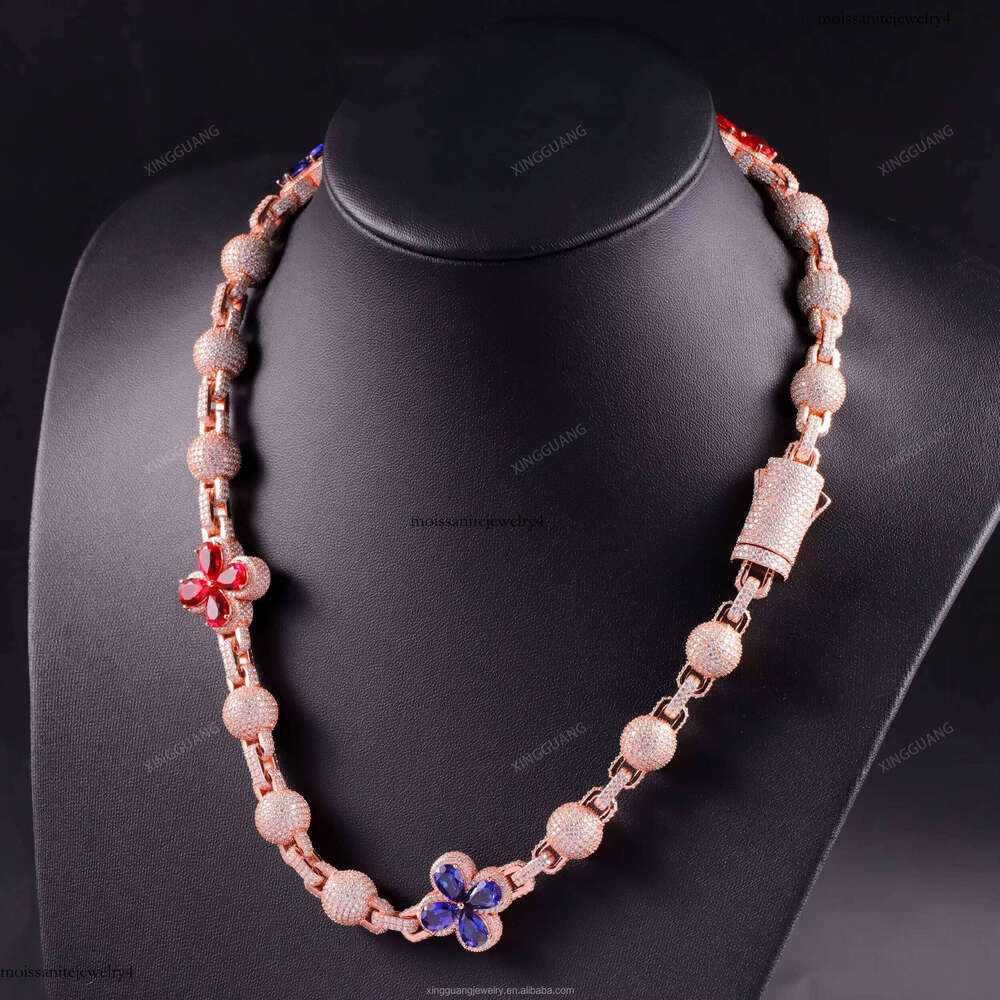 XingGuang Design Mens Hip Hop Ball Chain Rapper Jewelry Sier Iced Out Lab Ruby Sapphire White Moissanite Dia Necklace