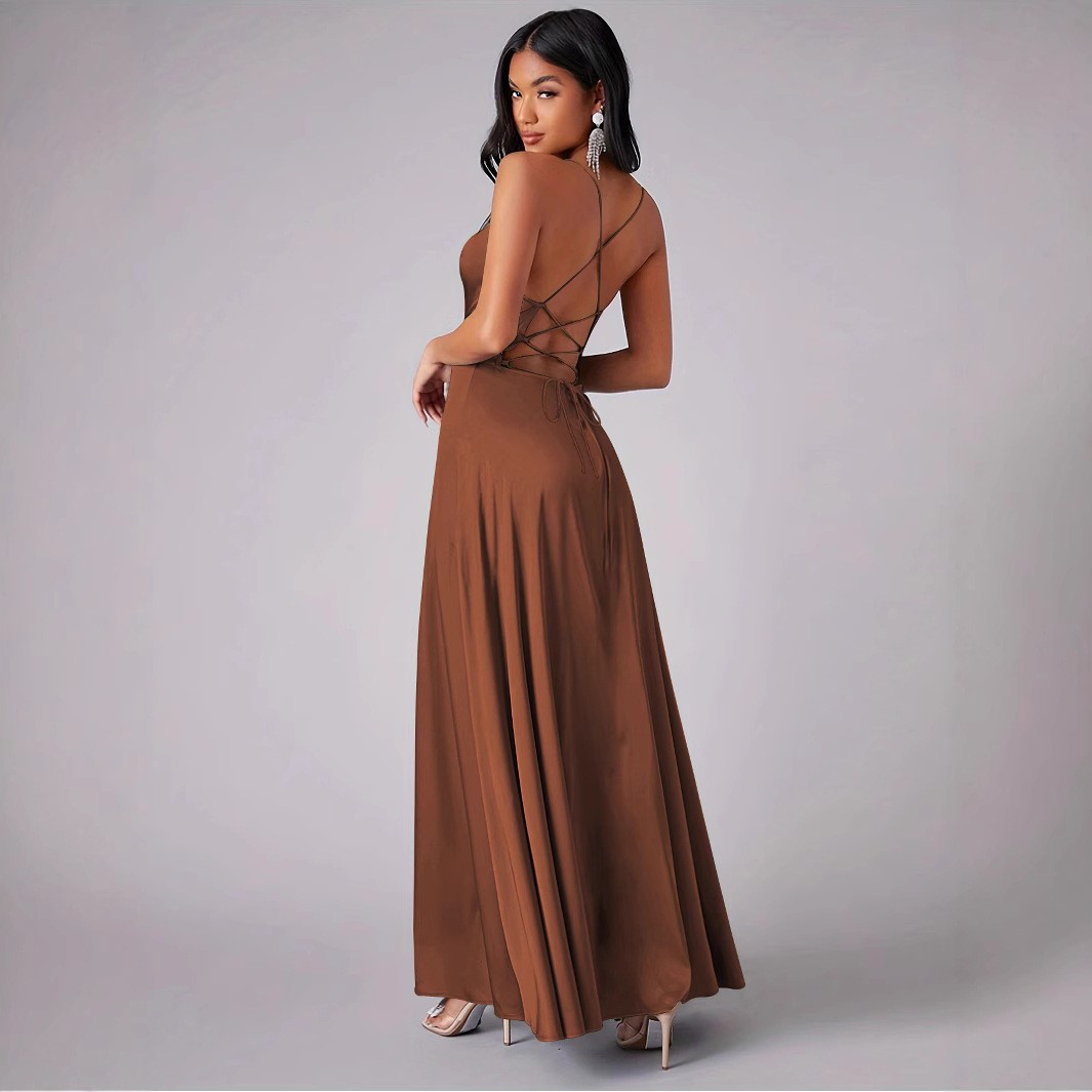 H82New sexy slit slim backless dress fashionable suspender dress long skirt