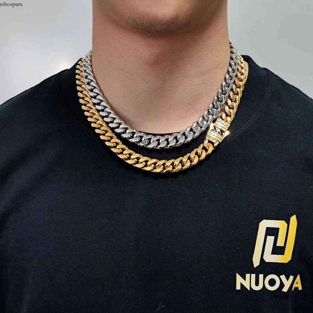 NUOYA Fashion Necklace Gold Plated Link Baguette Dia Clasp Custom Lighing Stainless Steel Cuban Chain