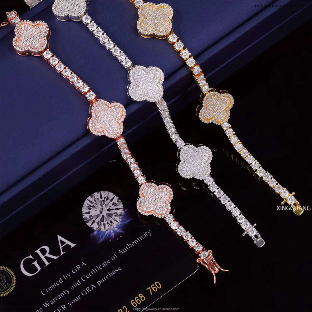 XingGuang Hiphop Cuban Sterling Sier VVS Moissanite Dia Four Leaf Clover Bracelet 3mm 4mm Tennis Chain