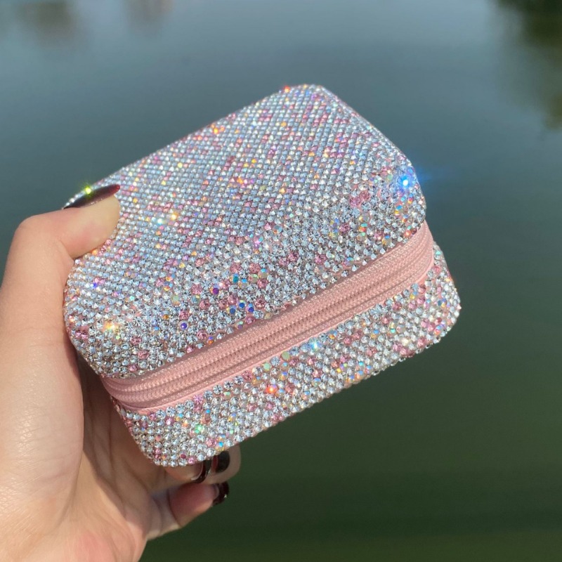 Elegant Diamond Decorated Storage Container with Mirrored Interior for Jewels