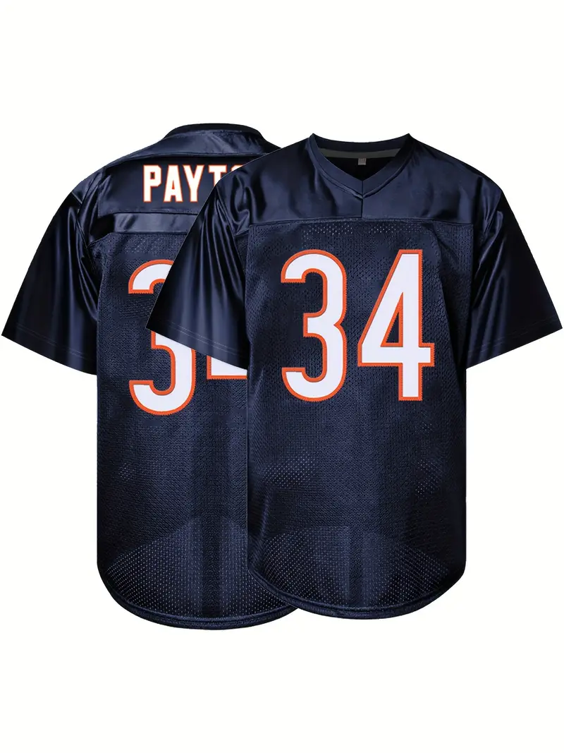 #34 Walter Payton Football Jersey Comfy V-Neck Navy Blue Embroidery for Training and Competition Breathable Moisture-Wicking American Football jersey