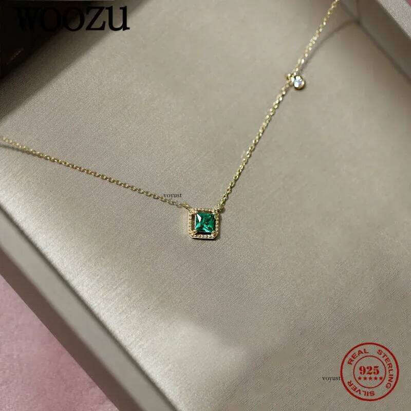 Sterling Sier Square Green Zircon Clavicle Charm Pendant Necklace for Women Wedding 14k Gold Plated Jewelry Gift